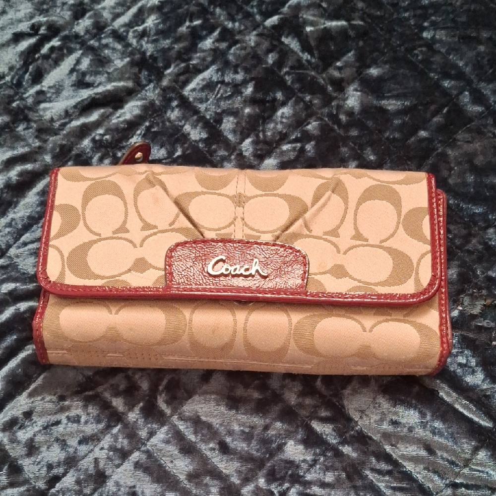 Coach Tan and Burgundy Signature Wallet